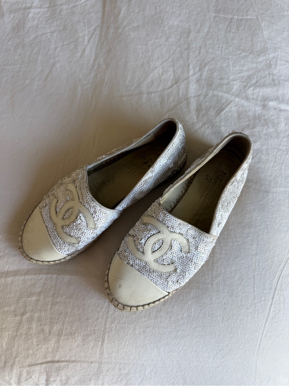 CHANEL Ivory Sequin Espadrille Flats with CC Logo